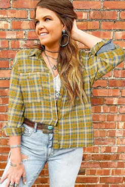 Best Dear-Lover Plaid Embroidery Patch Button-Down Shacket Ginger