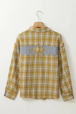 Best Dear-Lover Plaid Embroidery Patch Button-Down Shacket Ginger