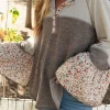 New Dear-Lover Colorblock Floral Patchwork Flared Sleeve Buttons Henley Top Goat
