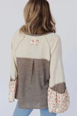 New Dear-Lover Colorblock Floral Patchwork Flared Sleeve Buttons Henley Top Goat