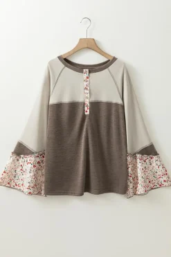 New Dear-Lover Colorblock Floral Patchwork Flared Sleeve Buttons Henley Top Goat