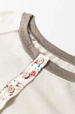 New Dear-Lover Colorblock Floral Patchwork Flared Sleeve Buttons Henley Top Goat