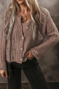 New Dear-Lover Cut Out Textured Knit Buttoned Cardigan Goat