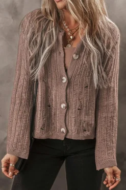 New Dear-Lover Cut Out Textured Knit Buttoned Cardigan Goat