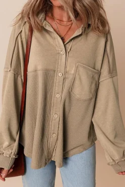 Best Dear-Lover Mineral Wash Textured Patchwork Loose Fit Shacket Goat