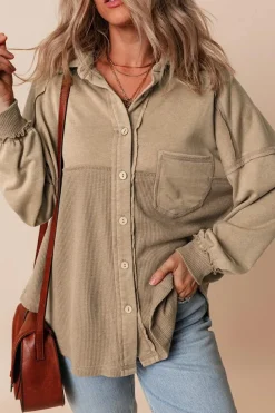 Best Dear-Lover Mineral Wash Textured Patchwork Loose Fit Shacket Goat