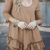 Fashion Dear-Lover Scoop Neck Tiered Ruffled Hem Long Sleeve Mini Dress Goat