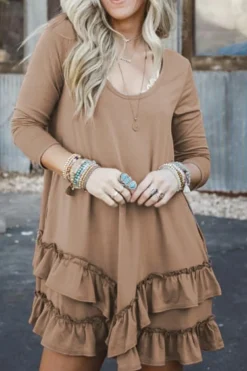 Fashion Dear-Lover Scoop Neck Tiered Ruffled Hem Long Sleeve Mini Dress Goat