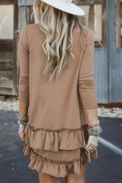 Fashion Dear-Lover Scoop Neck Tiered Ruffled Hem Long Sleeve Mini Dress Goat