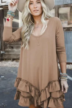 Fashion Dear-Lover Scoop Neck Tiered Ruffled Hem Long Sleeve Mini Dress Goat