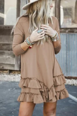 Fashion Dear-Lover Scoop Neck Tiered Ruffled Hem Long Sleeve Mini Dress Goat