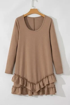 Fashion Dear-Lover Scoop Neck Tiered Ruffled Hem Long Sleeve Mini Dress Goat