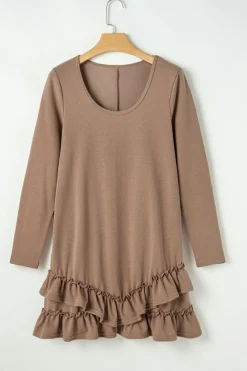 Fashion Dear-Lover Scoop Neck Tiered Ruffled Hem Long Sleeve Mini Dress Goat