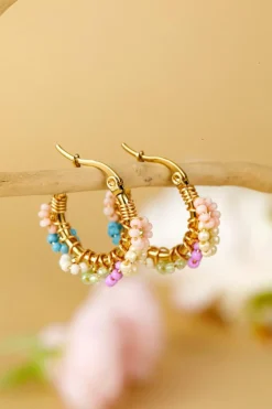 Sale Dear-Lover Beaded Flower Hoop Alloy Earrings Gold