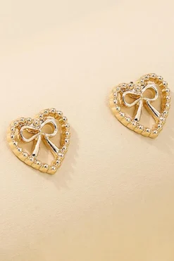 Fashion Dear-Lover Bow Decor Heart Shape Plate Alloy Stud Earrings Gold