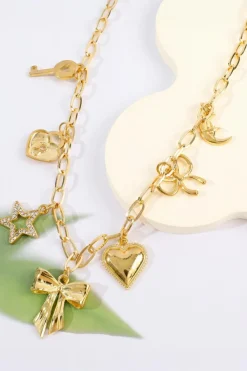 Discount Dear-Lover Bow Heart Star Key Charm Alloy Adjustable Chain Necklace Gold