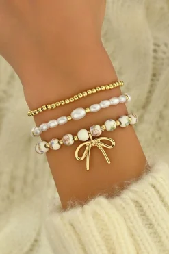 Outlet Dear-Lover Bow Knot Charm Beaded Triple Layer Bracelet Set Gold
