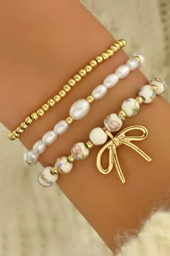 Outlet Dear-Lover Bow Knot Charm Beaded Triple Layer Bracelet Set Gold