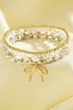 Outlet Dear-Lover Bow Knot Charm Beaded Triple Layer Bracelet Set Gold