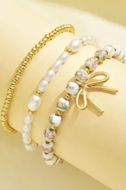 Outlet Dear-Lover Bow Knot Charm Beaded Triple Layer Bracelet Set Gold
