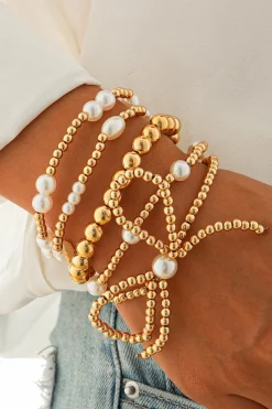 Clearance Dear-Lover Bow Knot Pearl Beaded Multi Layered Bracelet Set Gold