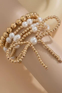 Clearance Dear-Lover Bow Knot Pearl Beaded Multi Layered Bracelet Set Gold