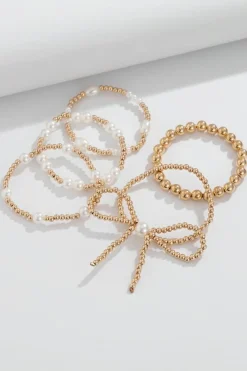 Clearance Dear-Lover Bow Knot Pearl Beaded Multi Layered Bracelet Set Gold