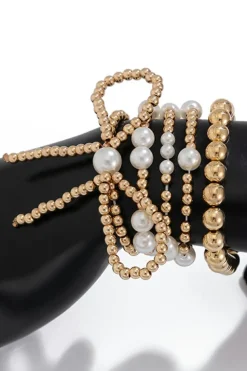 Clearance Dear-Lover Bow Knot Pearl Beaded Multi Layered Bracelet Set Gold