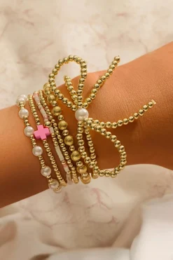 Discount Dear-Lover Bow Knot Pearl Decor Beaded Plated Layered Bracelet Gold