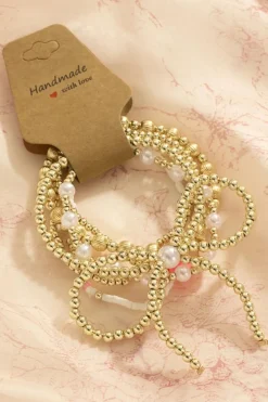 Discount Dear-Lover Bow Knot Pearl Decor Beaded Plated Layered Bracelet Gold