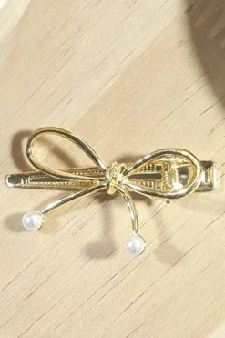Clearance Dear-Lover Bow Knot Pearl Decor Plated Alloy Hair Clip Gold