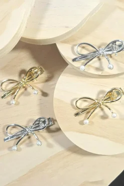 Clearance Dear-Lover Bow Knot Pearl Decor Plated Alloy Hair Clip Gold
