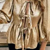 Clearance Dear-Lover Bow Tie Front Puff 3/4 Sleeve Ruffle Hem Blouse Gold