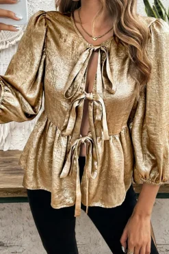 Clearance Dear-Lover Bow Tie Front Puff 3/4 Sleeve Ruffle Hem Blouse Gold