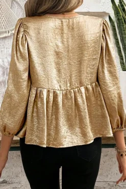 Clearance Dear-Lover Bow Tie Front Puff 3/4 Sleeve Ruffle Hem Blouse Gold