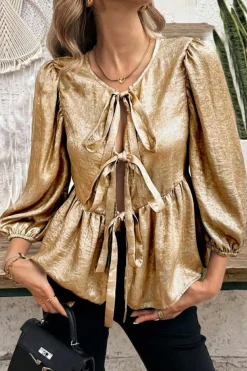 Clearance Dear-Lover Bow Tie Front Puff 3/4 Sleeve Ruffle Hem Blouse Gold