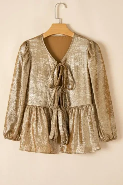 Clearance Dear-Lover Bow Tie Front Puff 3/4 Sleeve Ruffle Hem Blouse Gold