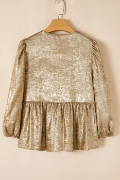 Clearance Dear-Lover Bow Tie Front Puff 3/4 Sleeve Ruffle Hem Blouse Gold