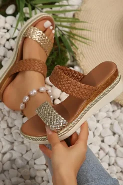 New Dear-Lover Braided Dual Band PU Leather Wedge Slippers Gold