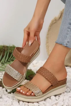New Dear-Lover Braided Dual Band PU Leather Wedge Slippers Gold