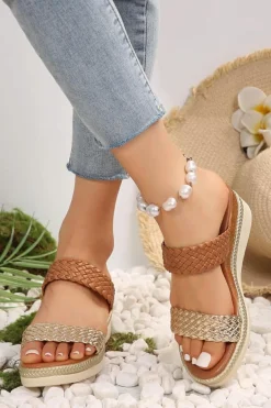 New Dear-Lover Braided Dual Band PU Leather Wedge Slippers Gold