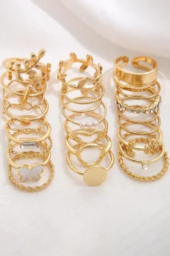 Discount Dear-Lover Butterfly Vines Hollowed Heart Geometric 24-piece Ring set Gold