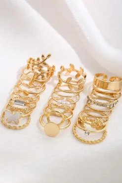 Discount Dear-Lover Butterfly Vines Hollowed Heart Geometric 24-piece Ring set Gold