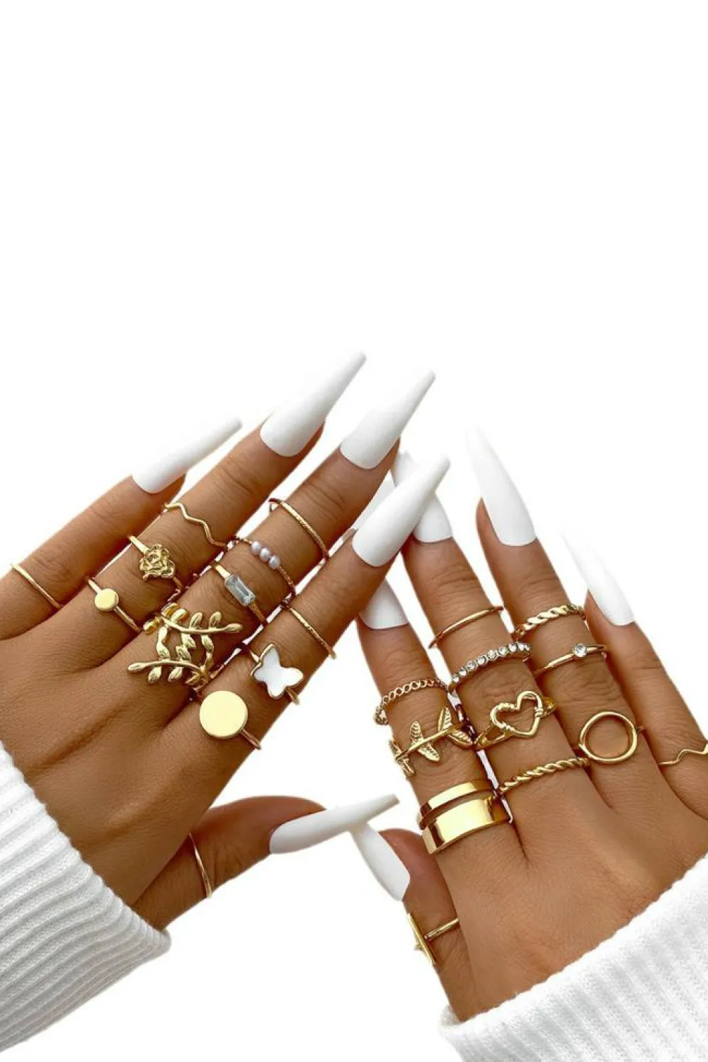 Discount Dear-Lover Butterfly Vines Hollowed Heart Geometric 24-piece Ring set Gold