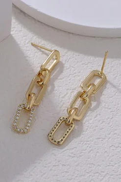Clearance Dear-Lover Chain Link Rhinestone Decor Plate Stud Earrings Gold