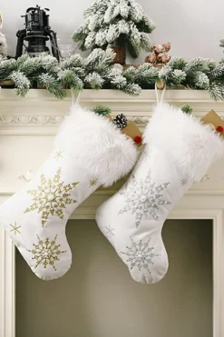 Sale Dear-Lover Christmas Beaded Embroidered Snowflakes Gift Hanging Stocking Gold