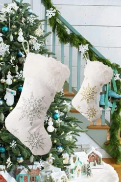 Sale Dear-Lover Christmas Beaded Embroidered Snowflakes Gift Hanging Stocking Gold