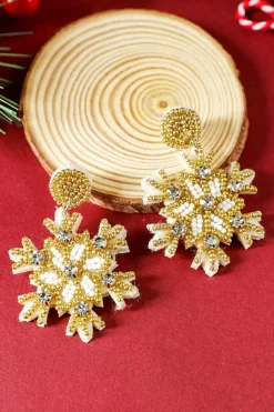 New Dear-Lover Christmas Snowflake Rhinestone Rice Beaded Drop Earrings Gold