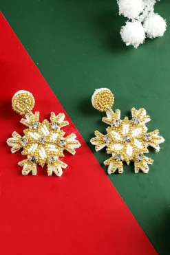 New Dear-Lover Christmas Snowflake Rhinestone Rice Beaded Drop Earrings Gold