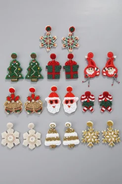 New Dear-Lover Christmas Snowflake Rhinestone Rice Beaded Drop Earrings Gold